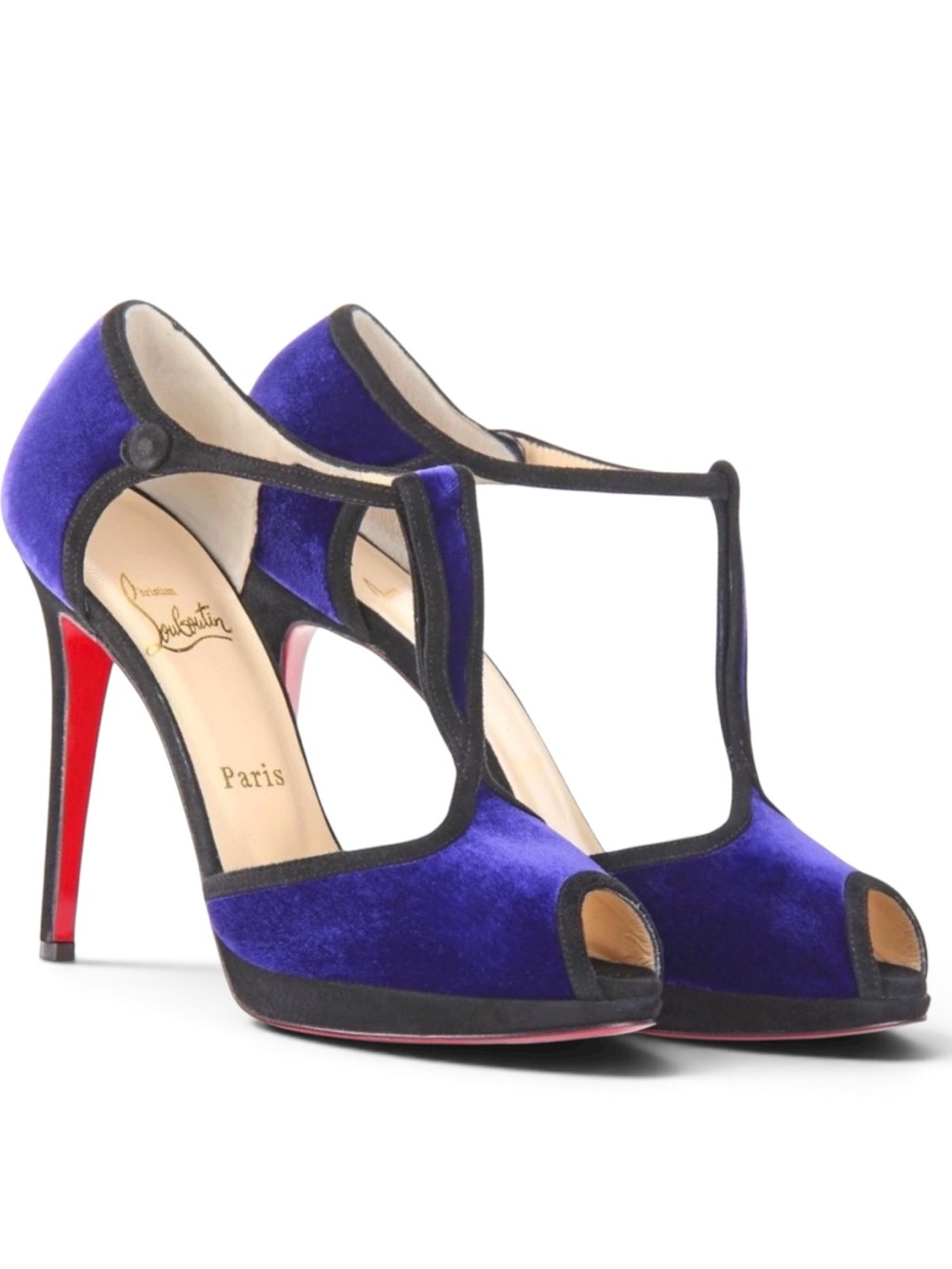 Christian Louboutin Blue Velvet T‑Strap Peep‑Toe Heels with Red Sole